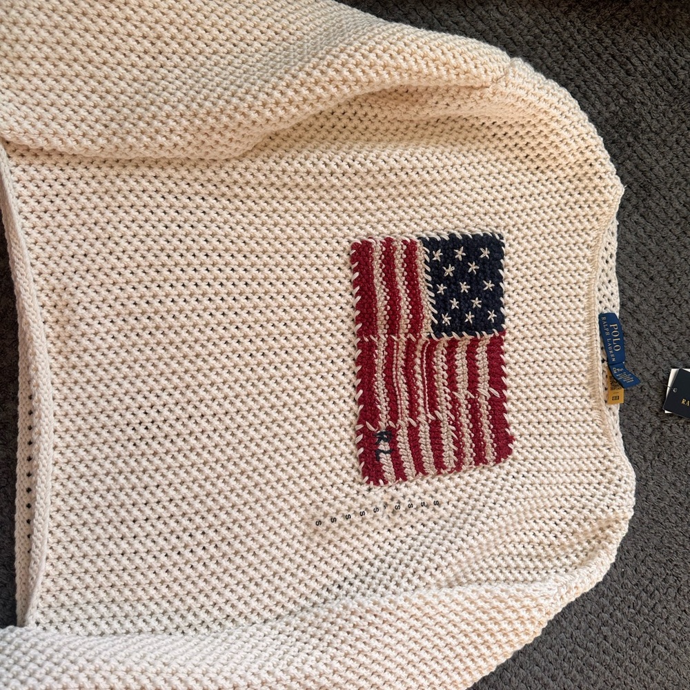 Ralph Lauren White and Red Crewneck Sweater with Flag Design